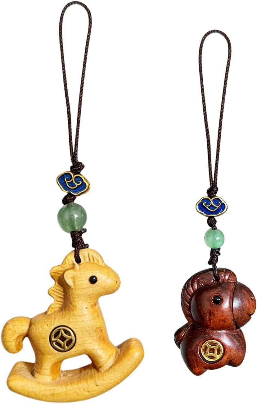 Handmade Wooden Horse Cell Phone Charm - 2 Pack, Red & Light Wood, Chinese Zodiac Inspired, Fengshui Decor with Auspicious Clouds and Green Beads