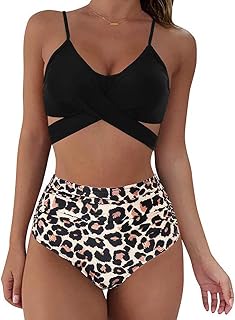 Swimsuits for Women Two Piece Bathing Suits Bikini Set Retro Halter Ruched High Waisted