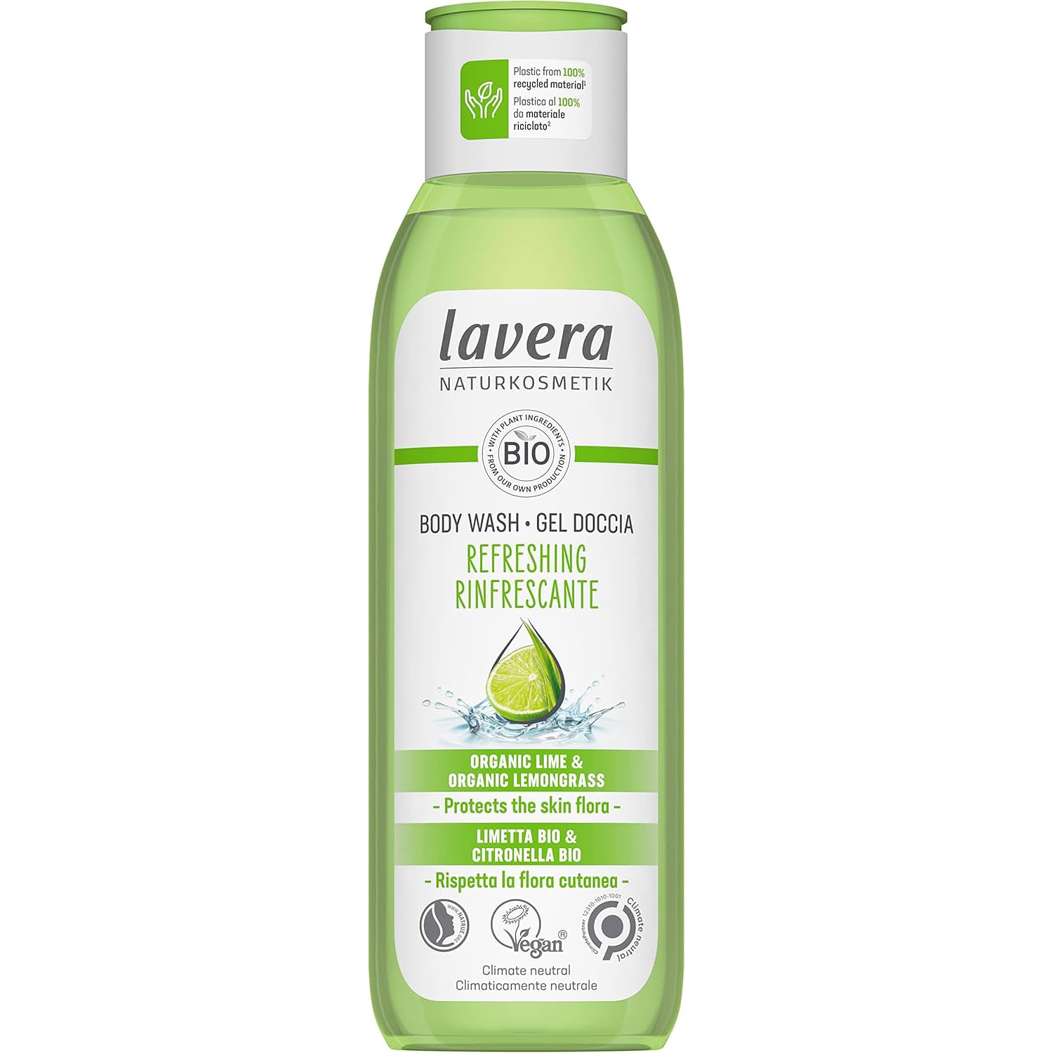 lavera Body Wash Refreshing - Protects the skin flora - Natural Cosmetics - Vegan - With organic lime and organic lemongras - silicone-free - 1 x 250 ml