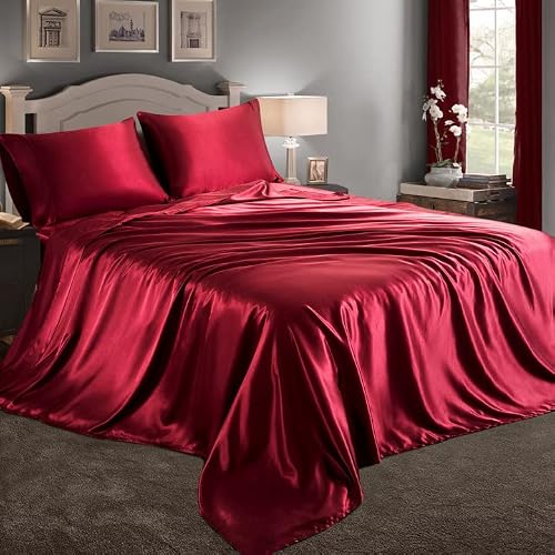 RUDONG M 4 Piece Burgundy Satin Sheets King Size Satin Bed Sheets Set Silky Satin Sheet with 1 Deep Pocket Fitted Sheet+1 Flat Sheet+2 Pillowcases