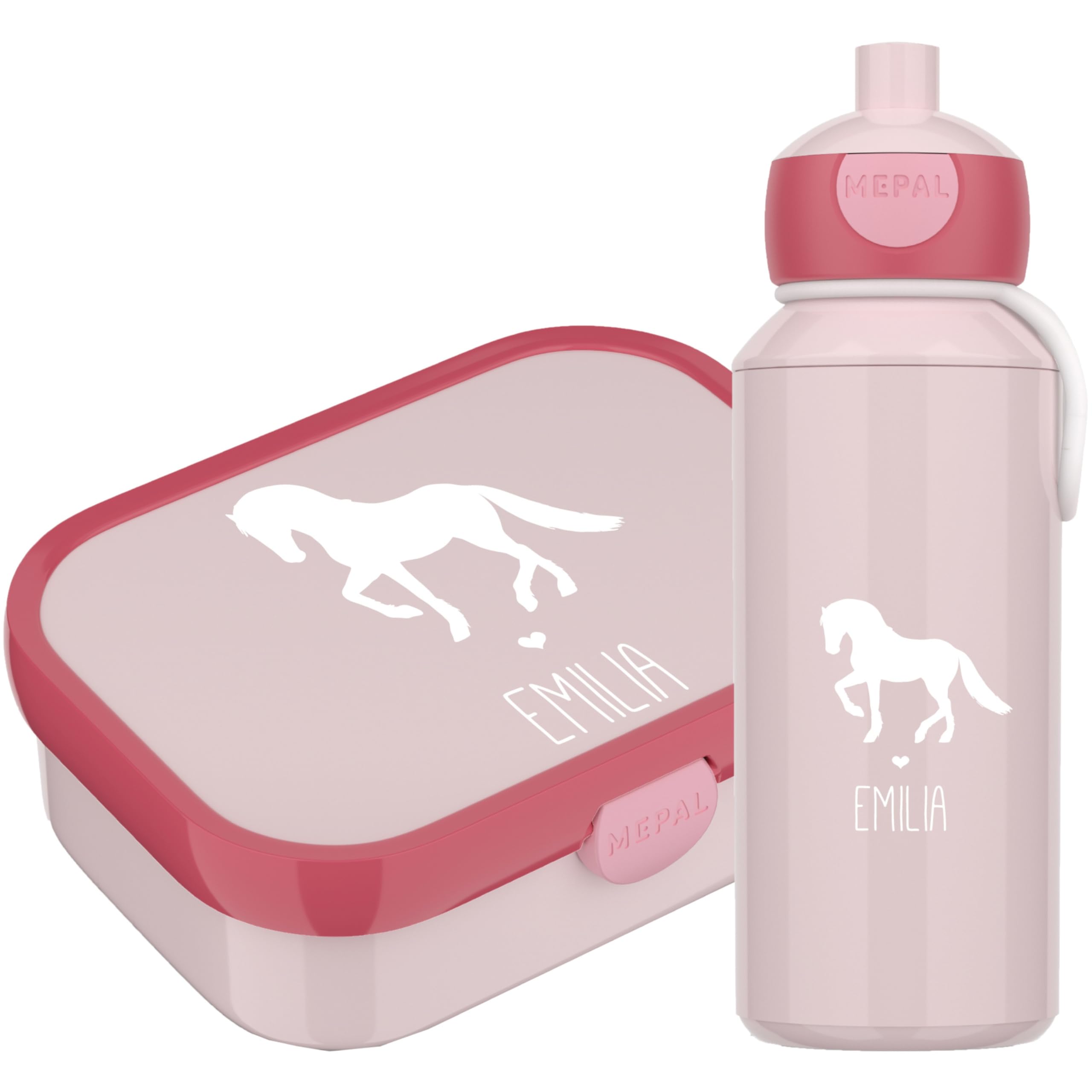 4youDesign Set: Pinke Brotdose & Trinkflasche -Pferd Silhouette- personalisiert mit Namen - inkl. Bento Box, Gabel & Pop-Up Flasche – Geschenk für Kinder (Cool Pink)