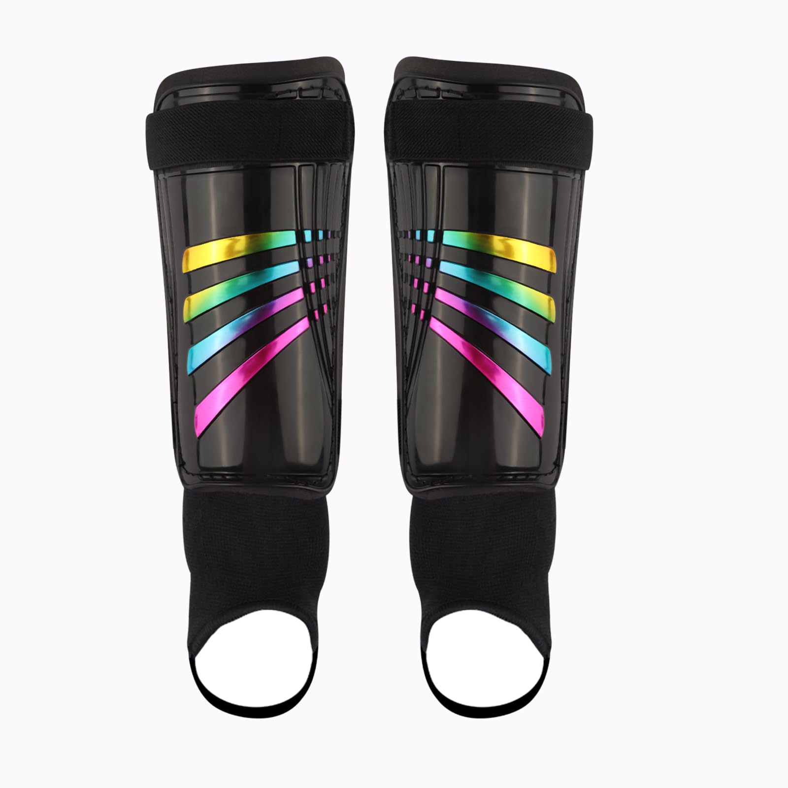Football Shin Pads | Ankle Protection Kids Shin Pads | Non Slip Adjustable Straps Soccer Shin Guards Boys Girls | Glitter Rainbow Shin Guards Kids 5-12 years (Black)
