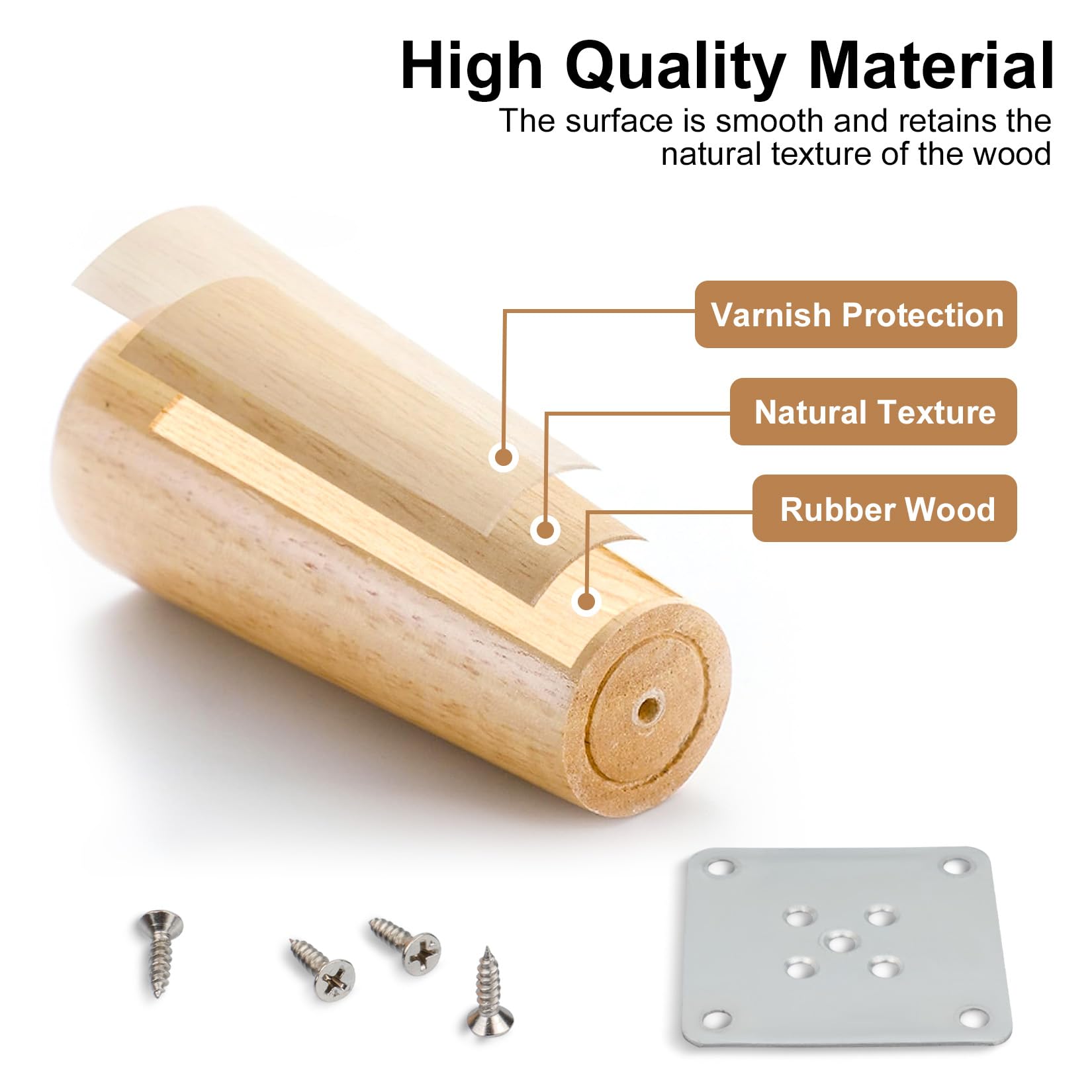 4 Pz Piedini per Mobili in Legno 10cm, Piedi per Mobili, Gambe per Mobilie, Gambe Tavolo, Piedi Letto, Piedini per Divano Letto Dritte e Affusolate per Tavoli, Cassettiere, Sedie, con Accessori