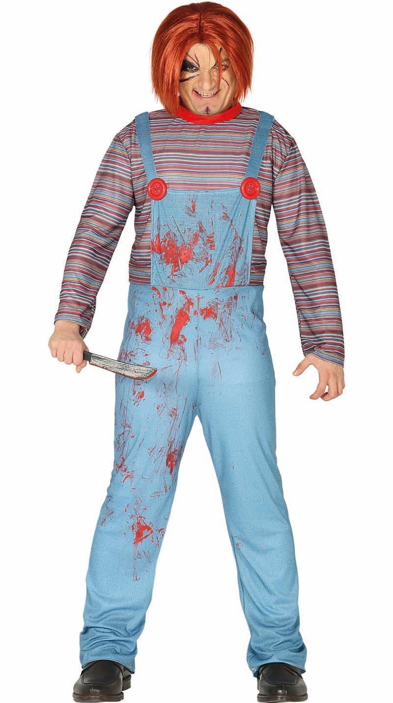 FIESTAS GUIRCA Disfraz de Muñeca Asesina para Hombre - Disfraz de Juguete Malvado con Mono Azul - Disfraces de Halloween para Hombre Talla Adolescente 14-16 años