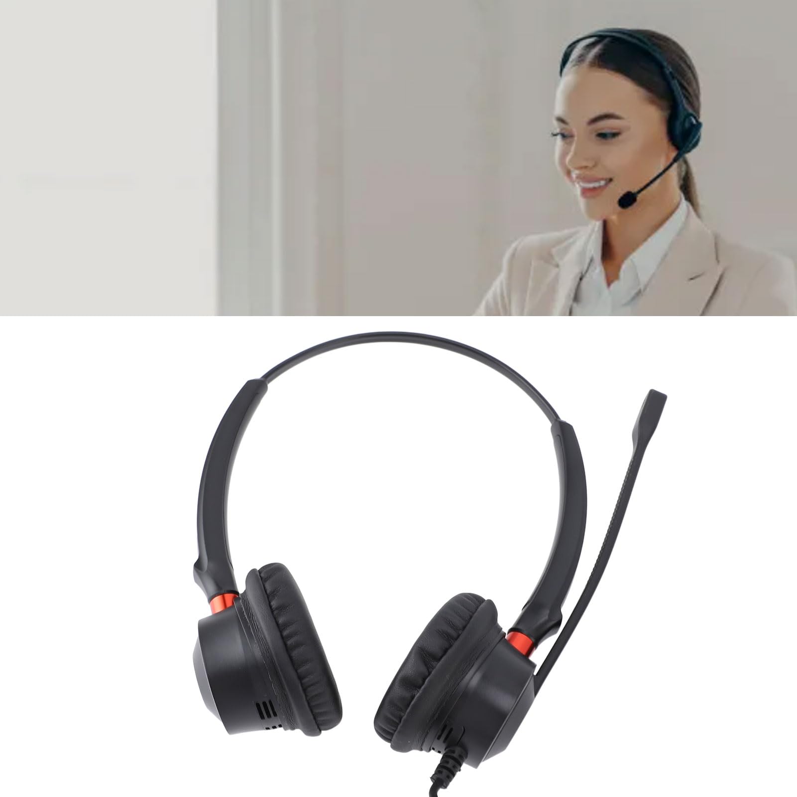 ASHATA Cuffie con microfono a cancellazione del rumore, cuffie per lavoro, supporto binaurale USB a USB C 3,5 mm connettore fisso VoIP auricolare per PC portatile tablet nero
