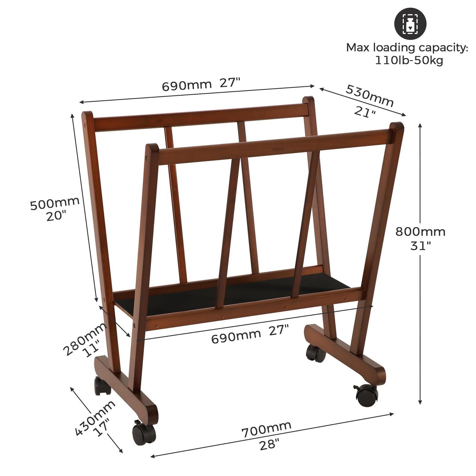 THEGA Grand Support d'impression en Bois, Présentoir d'art Et Séchoir avec roulettes, Idéal pour Stocker Et Exposer des Toiles, des Œuvres d'art, des Estampes, des Panneaux, des Affiches(Walnutu)