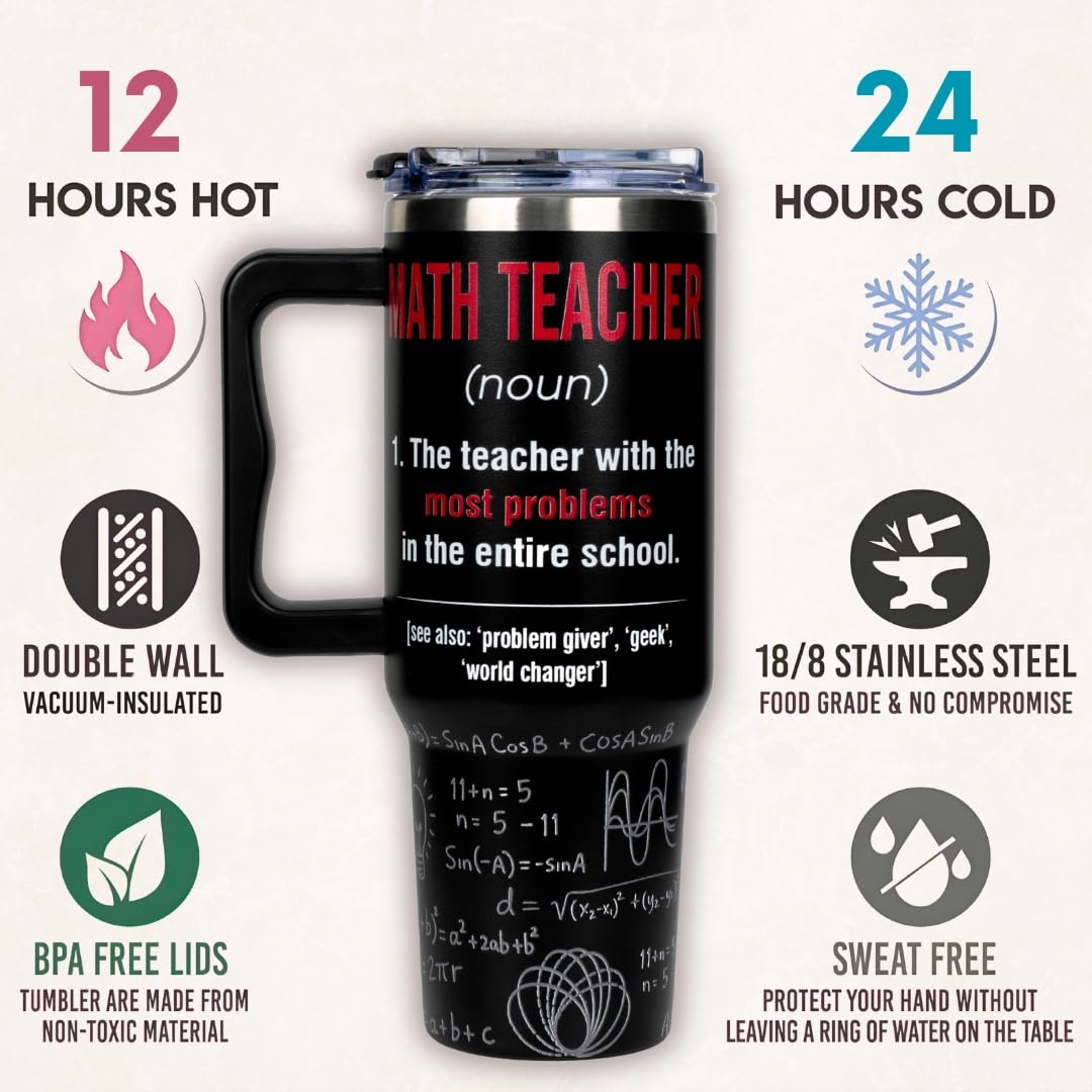 Math Teacher Appreciation Gifts for Men Women, Funny Math Teacher Gift for School, Teacher Appreciation Week Gifts, 40oz Tumbler with Handle, Teacher End of Year Birthday Gifts