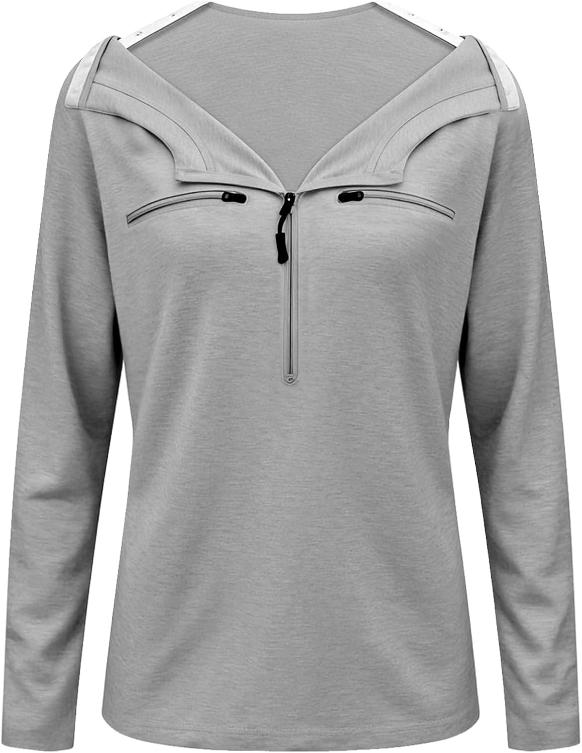 Chemo Port Shirts for Women 2 Side Snaps Long Sleeve Wear Post Surgery Recovery Tee Snap Tear Away Side Zippers Off Shirt