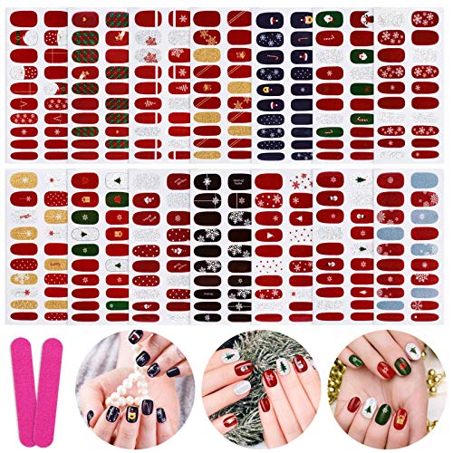 FRCOLOR 14 Blatt Nagelverpackungen Selbstklebende Weihnachten Nagellack Aufkleber Weihnachten Nagelkunst Selbstklebende Aufkleber Nagelkunst Aufkleber für Frauen Mädchen mit 2 Stück Nagelfeile Cover