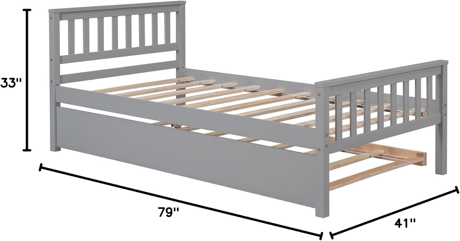 Twin Size Platform Bed with Trundle Headboard Space Saving 250lbs Load Capacity Bed Frame for Kids Boys Girls Teens (202.5 x 106 x 85cm) Grey One Size