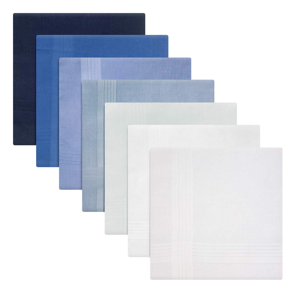 Warwick & Vance Men's 100% Cotton Handkerchiefs Pack Of 7, Dyed Hankies, Blue To White With Satin Stripe Borders, 40 x 40cm