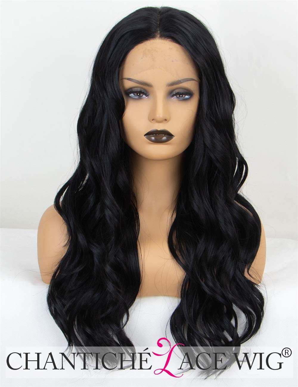 Chantiche Black Wavy Lace Front Wig Middle Part Soft Long #1B Synthetic Wigs for Women Heat Resistant