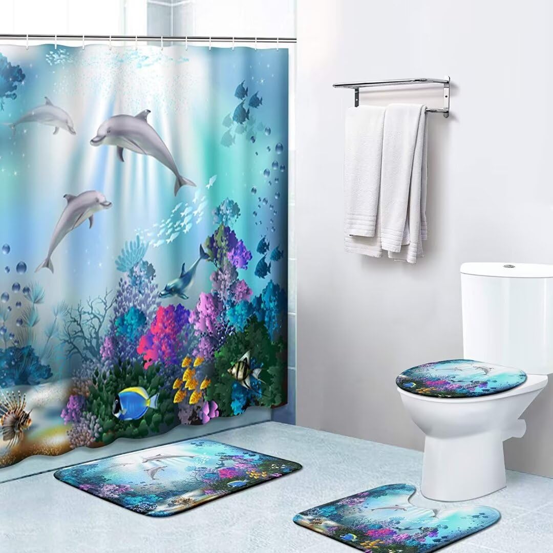 Yizheer Set di 4 tende da doccia per bagno con delfino marino e corallo, con 12 ganci, tappetino da bagno a forma di U, materiale PEVA, 182 x 182 cm, decorazione per bagno per vasca da bagno (blu)
