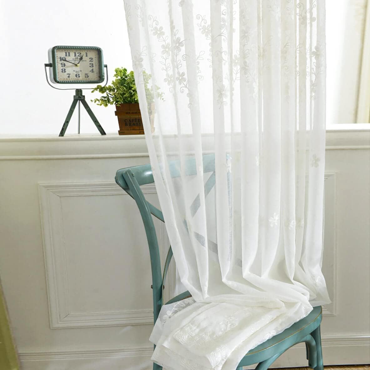 White Rod Pocket Sheer Curtains 96 inches Length, Embroidered Window Curtain Sheer Voile Panels for Living Room & Bedroom, 60x96, Two Panels