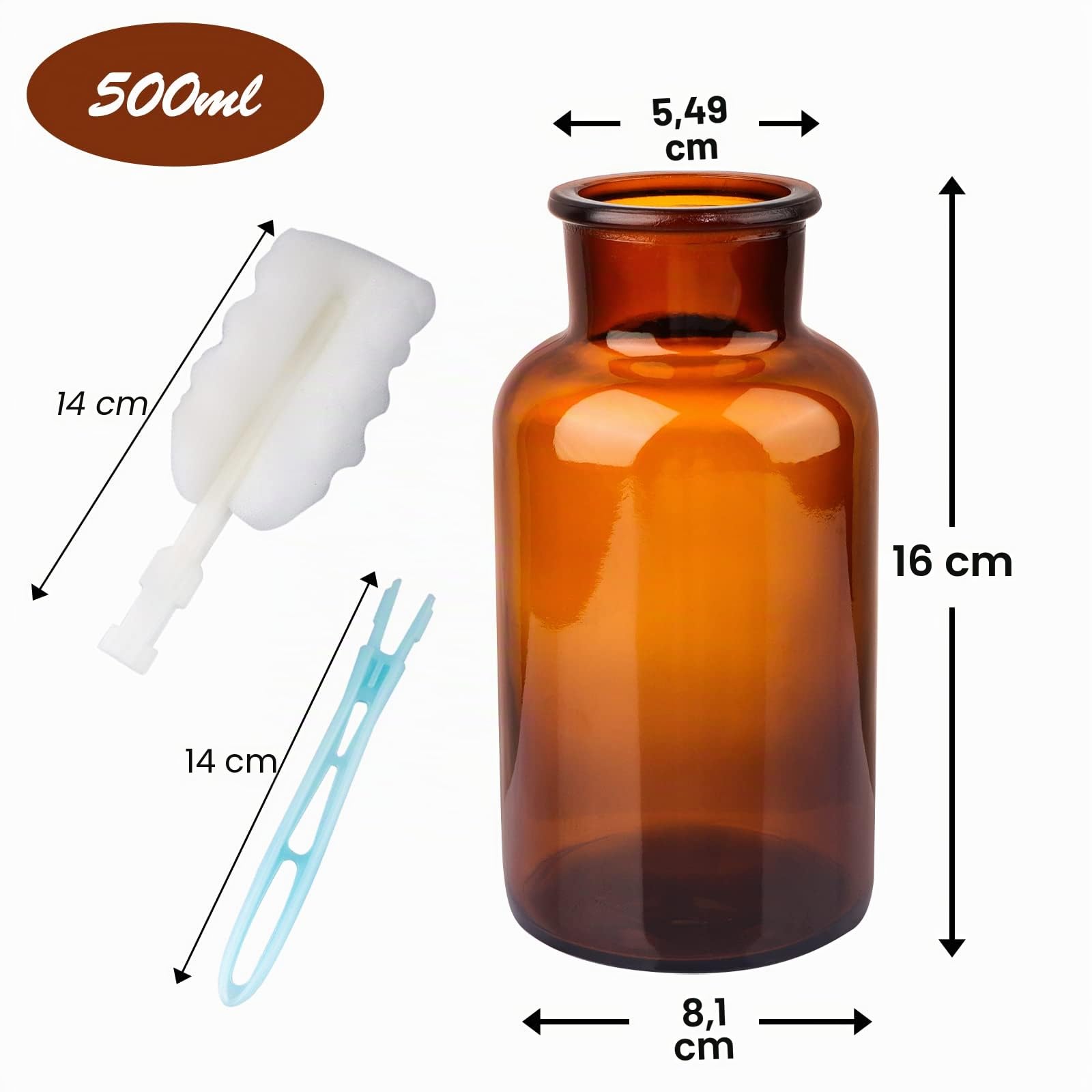 PINIWON Set mit 6 Bernstein-Vasen, kleine Glasvasen, Vintage-Medizin-Flaschen, Apothekergläser mit Bürste, Blumenvasen für Heimdekoration, Hochzeits-Mittelstücke