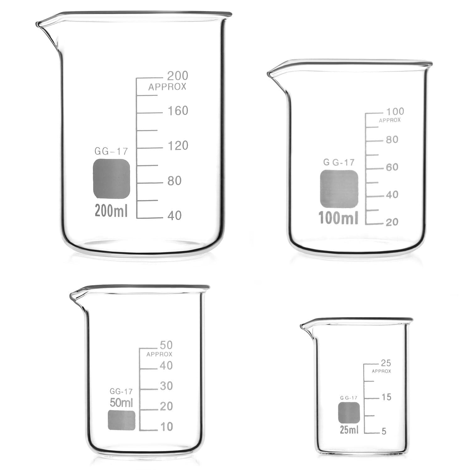 Set 4 Béchers in Vetro Borosilicato Graduati 25ml 50ml 100ml 200ml per Laboratorio, Cucina e Esperimenti Scientifici