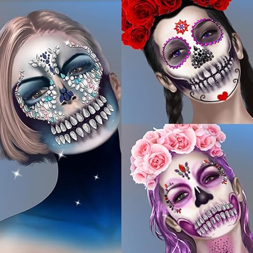 Joyas para Halloween con calavera de azúcar, joyas de cara del día de los muertos, gemas de esqueleto de diamantes de imitación, calcomanías