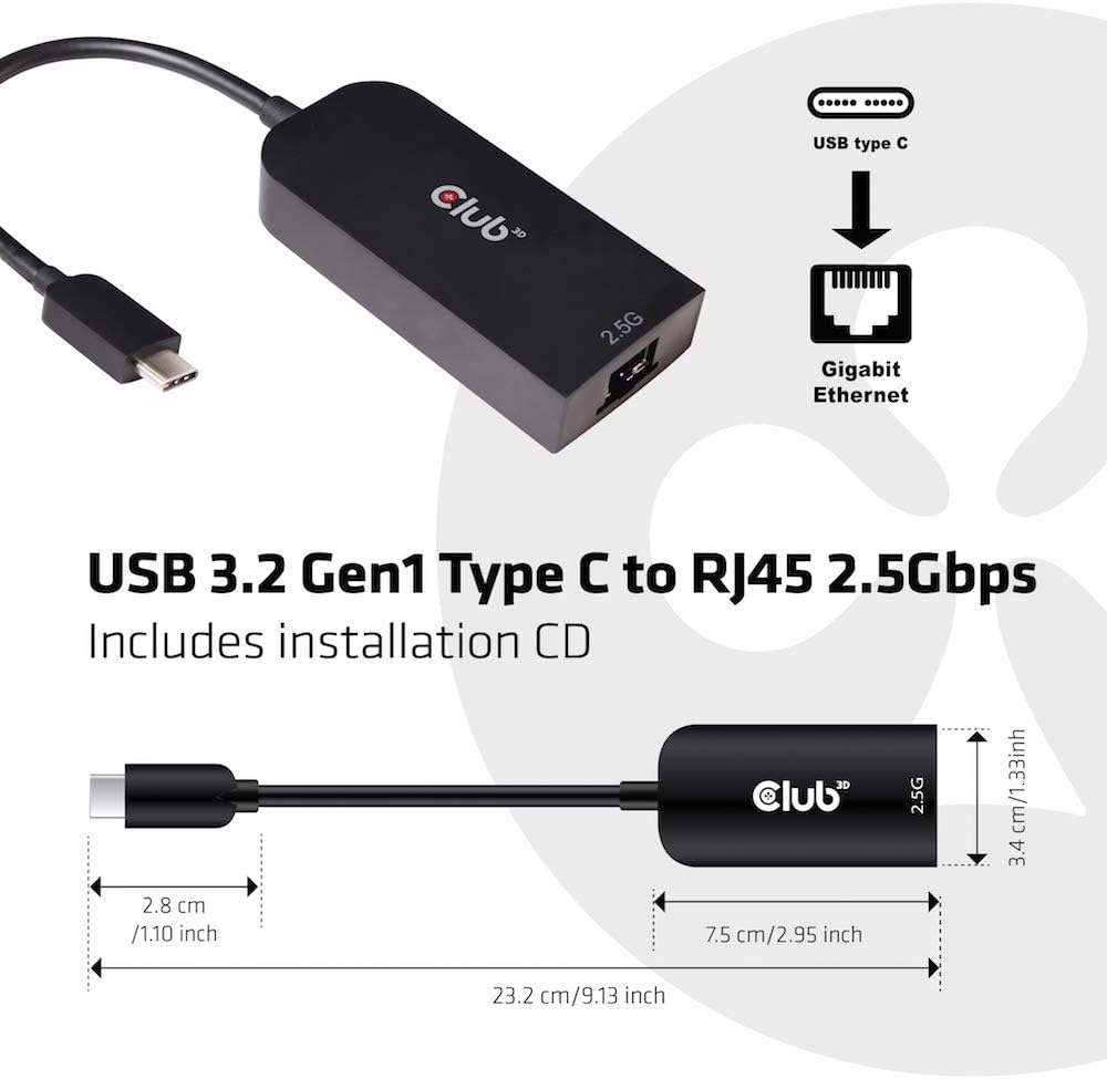 CLUB 3D CAC-1520 USB 3.2 Gen1 Type C to RJ45 2.5Gbps Adapter M/F