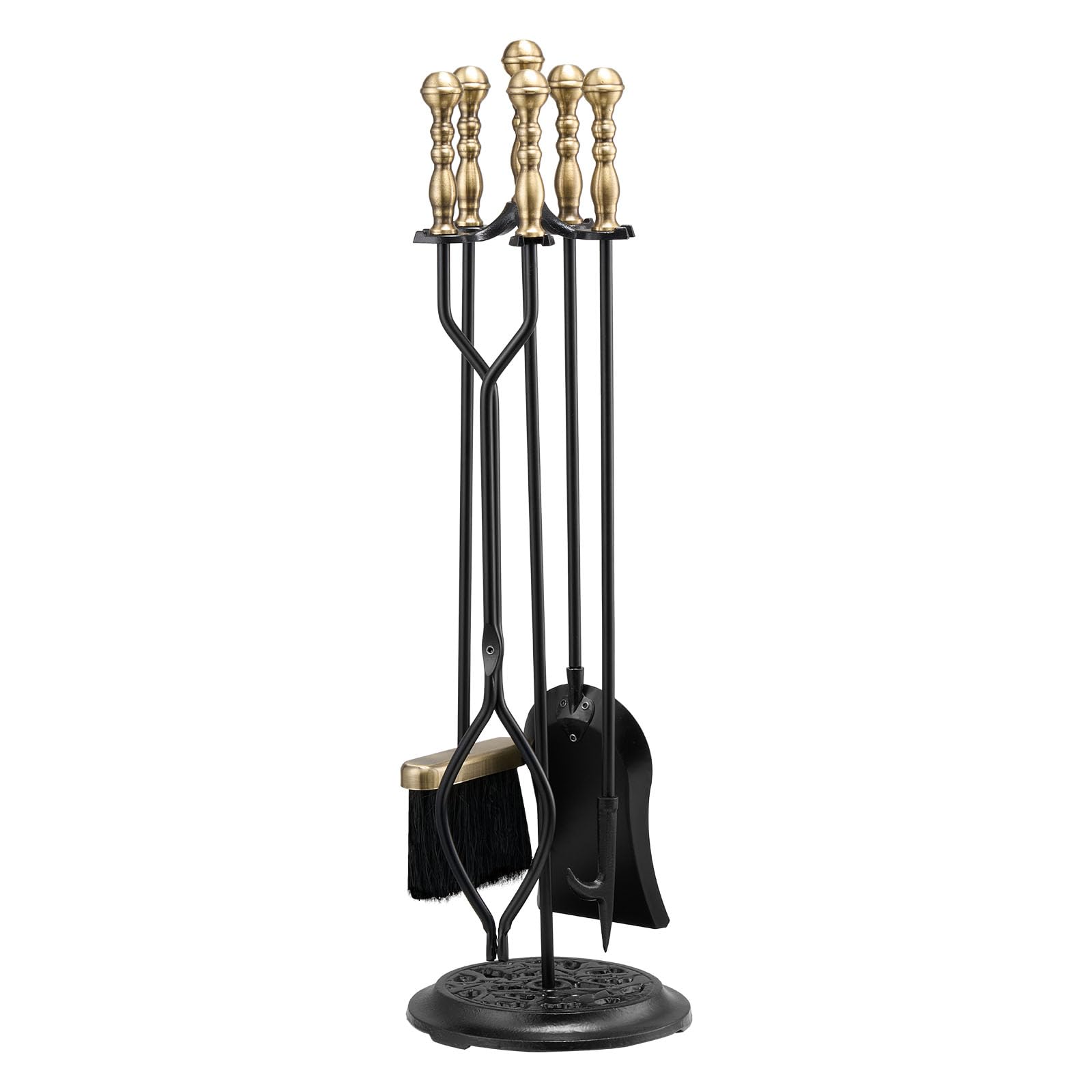 VEVOR Juego de 5 Herramientas para Chimenea de Hierro Forjado, con Soporte de Cinco Puntas, Pinzas, Pala para Cenizas, Cepillo y Atizador, Interior y Exterior, Negro y Latón, 770 x 225 x 225 mm