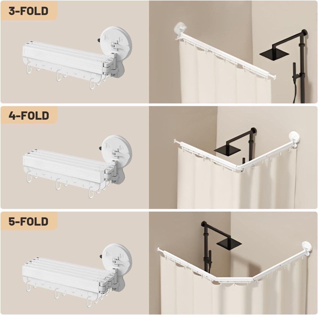 Wall Mounted Folding Shower Curtain Rod Punch-Free Suction Cups 360°Collapsible Shower Curtain Rod for Bathroom Corner Bathtub Retractable Laundry Rack 3-Fold 41"