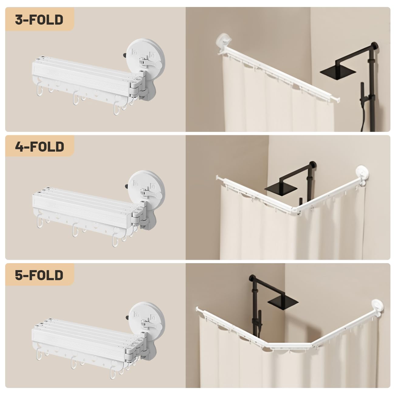 Asta per tenda da doccia pieghevole a parete con ventose senza punzonatura a 360 °, asta per tenda da doccia pieghevole per bagno, vasca da bagno, portabiancheria retrattile, 4 pieghe, 137,2 cm