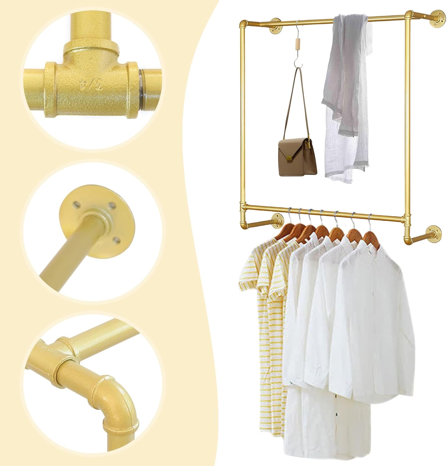 Gold Wall Mounted Clothes Rack, Industrial Pipe Garment Rack Hanging Rod Bar for Closet Storage,Laundry Room Up to Max Load 110lbs