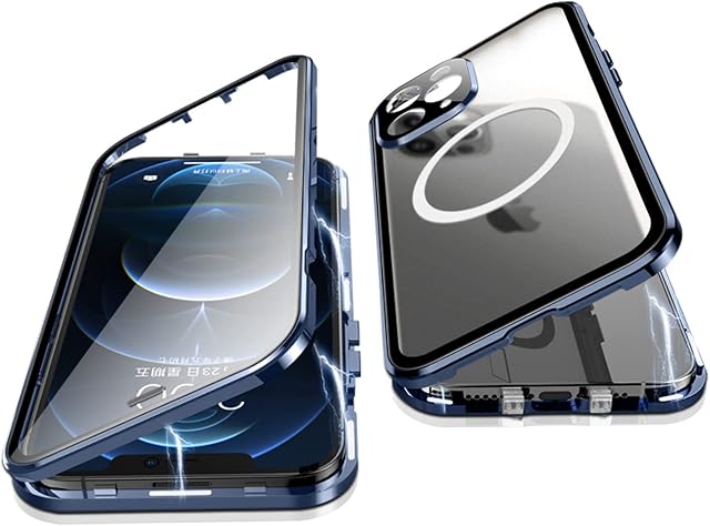 Jonwelsy Case for iPhone 12 Pro, 360 Degree Double-sided Protection Compatible with Magsafe Magnetic Adsorption Metal Bumper Front Tempered Glass Back Frosted PC Cover for iPhone 12 Pro 6.1" (Blue)