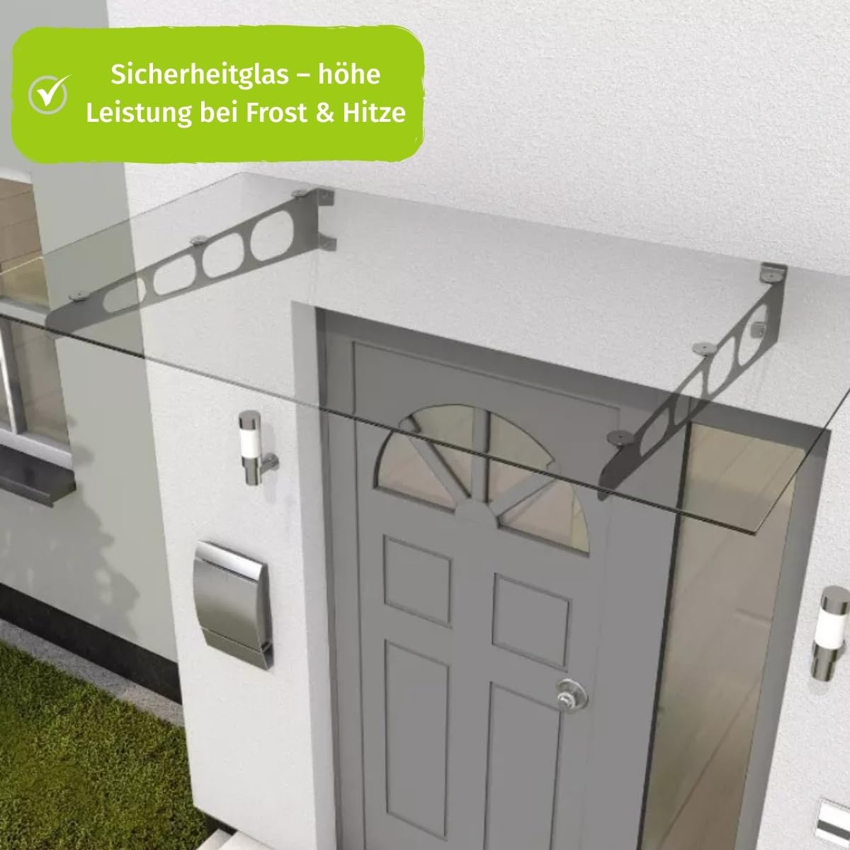 HORI stilvolles Vordach für Haustür - Sicherheitsglas mit Edelstahl Rahmen - wetterfeste Überdachung für Eingangstür - mit UV-Schutz & Regenschutz - pflegeleicht & langlebig - 140 x 90 x 16 cm