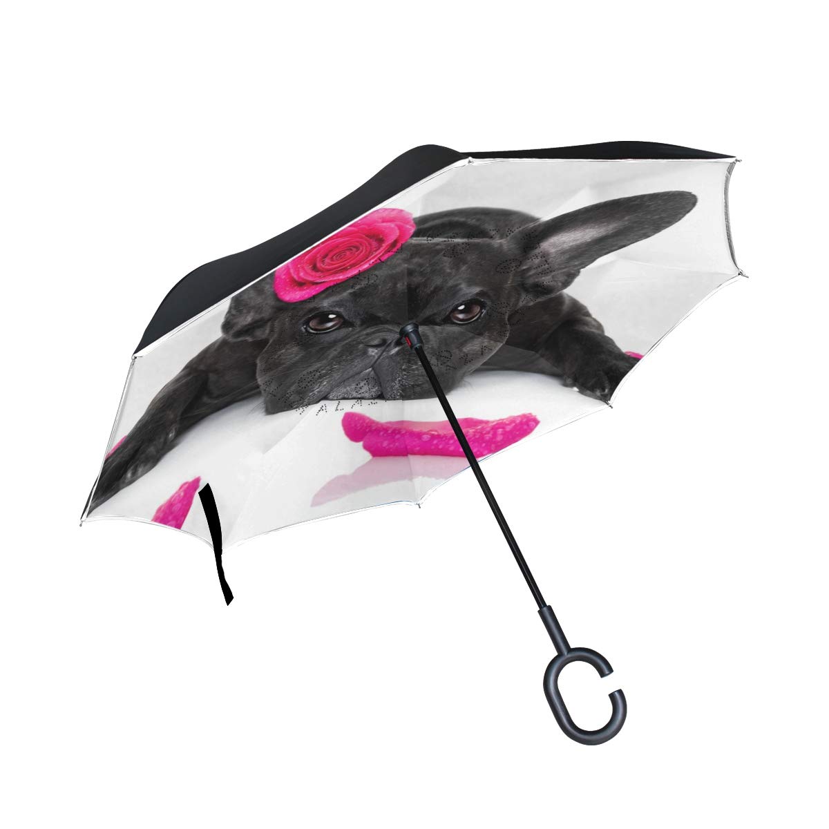 hengpai Reverse Inverted Inside Out Umbrella Cars Dogs French Bulldog with Rose Unigue Windproof UV Proof Double Layer for Women