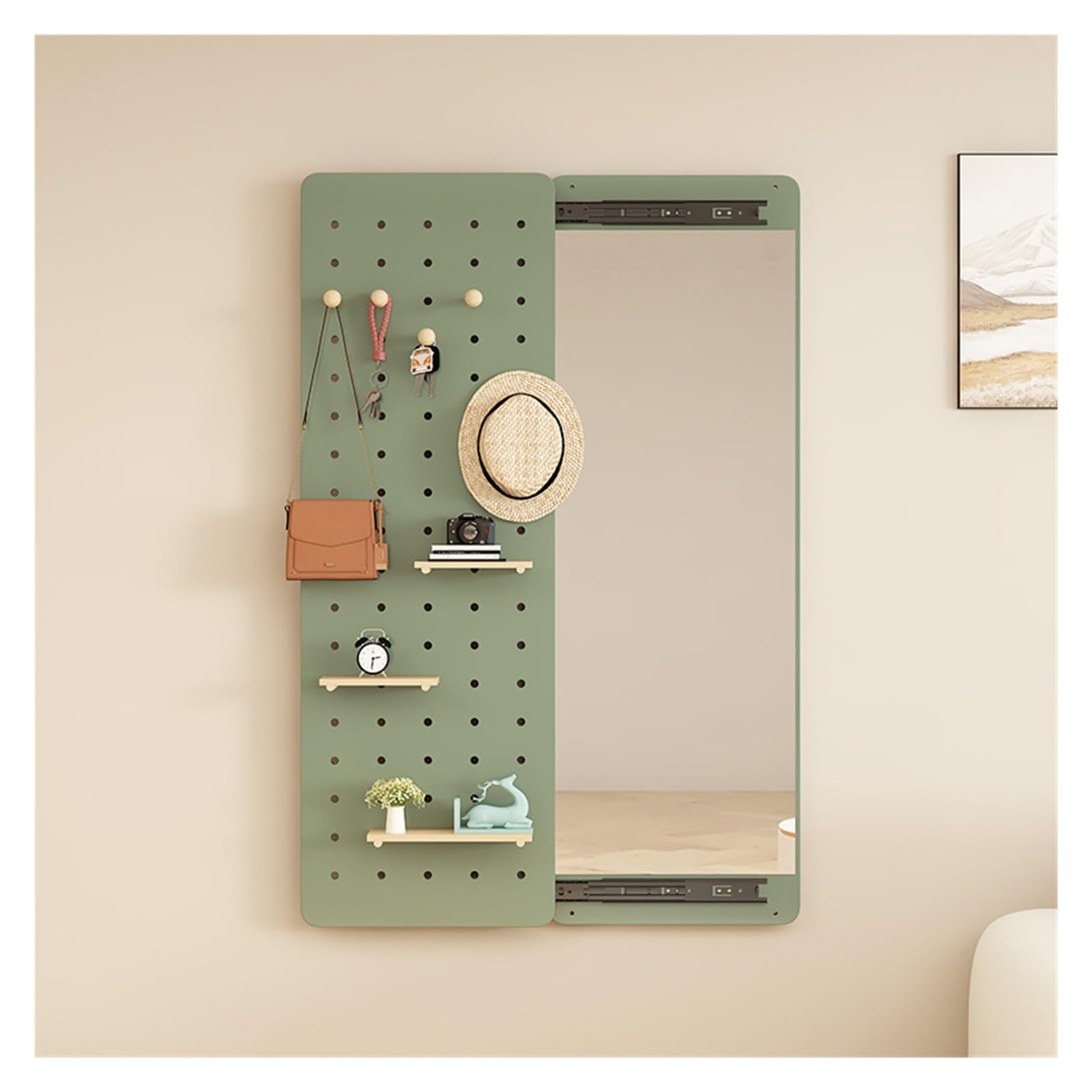AFGZQ Hide Wall Mounted Mirror, Full Length Mirror with Slide Rail, 2-in-1 Storage, Coat Rack with Mirror, for Living Room, Dorm, Hotel, Wooden Frame(Green,11.8in/30cmx47.2in/120cm)