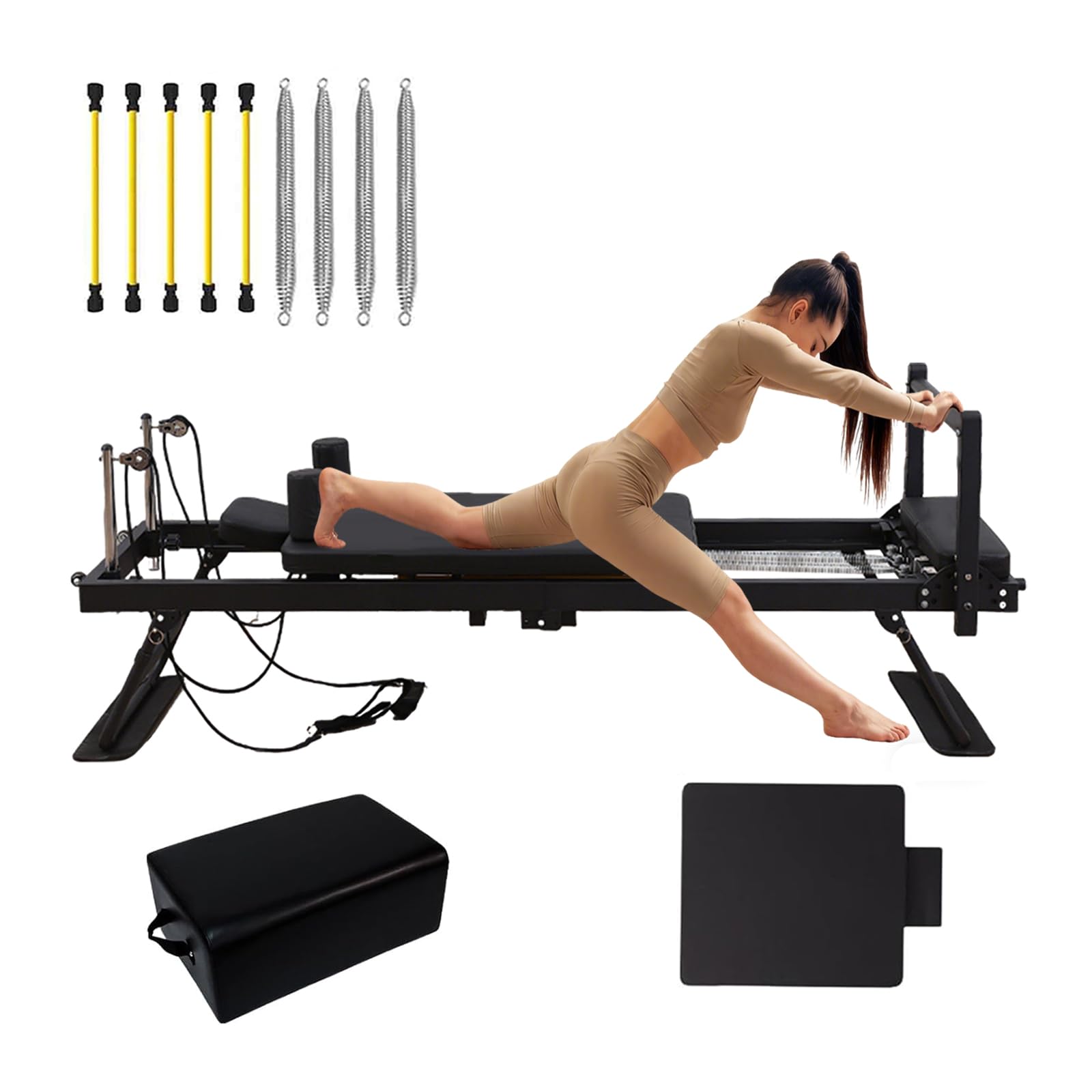 Faltbare Pilates Reformer mit 4 Federn und 5 Seile, Faltbares Pilates-Gerät und Zubehör mit Sprungbrett für Den Ganzen Körper zu Hause, max. 120 kg,Black-20box