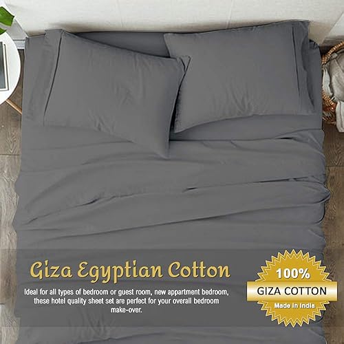 Miniatura 2 de Shreem Linen Juego de ropa de cama  Sábanas de algodón Giza King  400 hilos, 100% algodón egipcio, tejido satinado, gris oscuro, 1 ajustada, 1