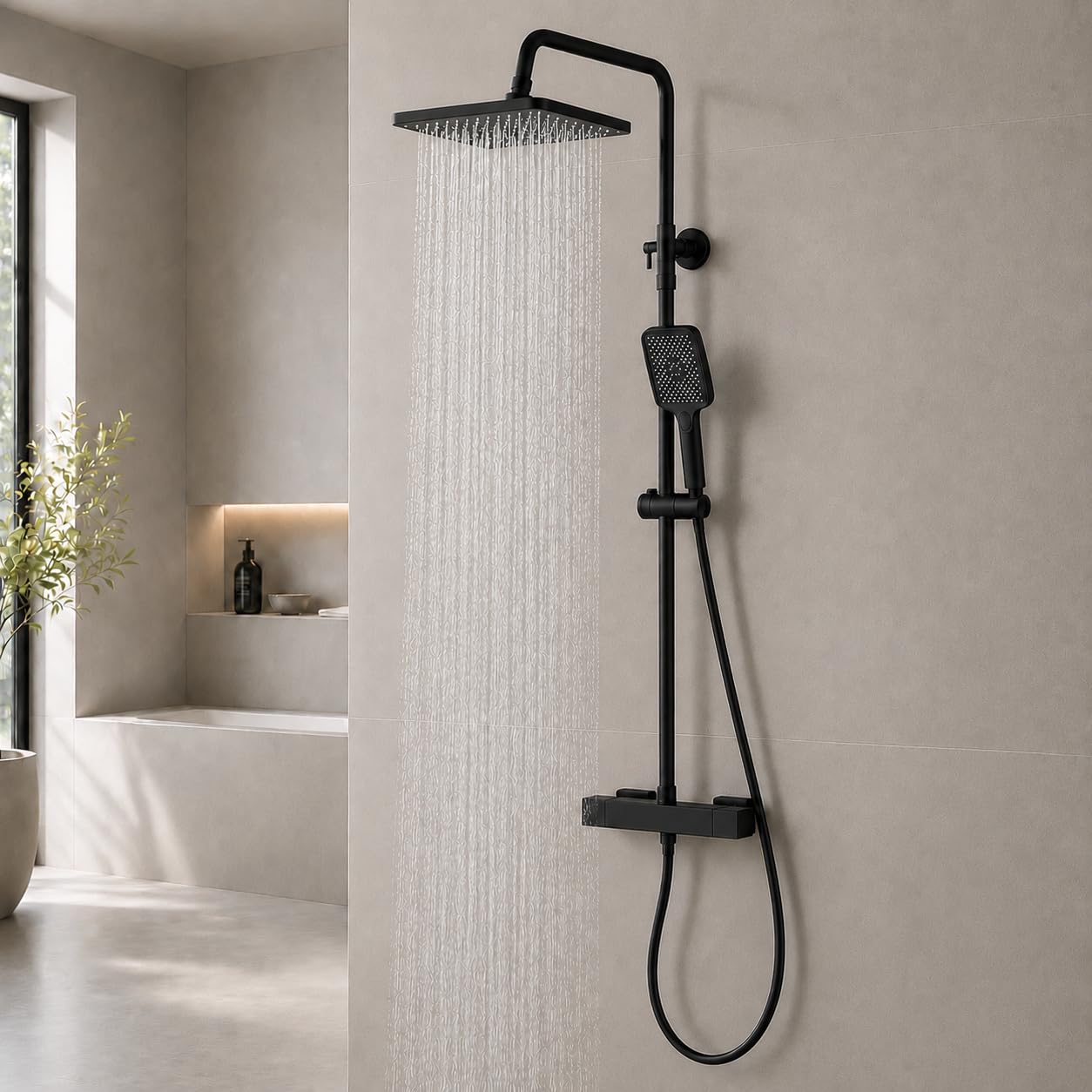 HOMELODY Duschsystem mit Thermostat Schwarz 30 cm Regendusche | 3 Strahlarten Handbrause, Duscharmatur Edelstahl Regendusche mit Armatur, Duscharmatur Komplettset, Duschset