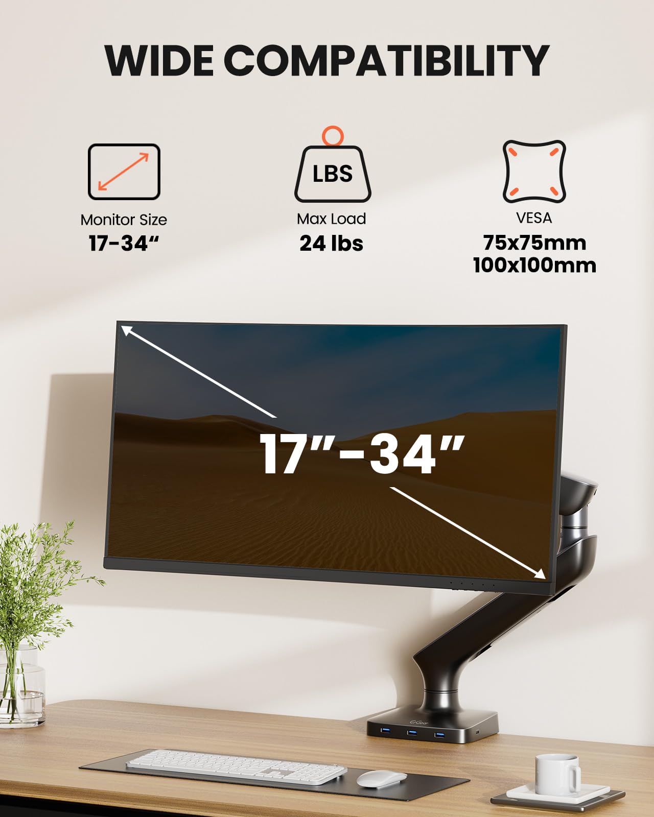 ErGear Single Monitor Arm for Max 34 inch Ultrawide Curved Screen, Upgraded Sturdy Monitor Desk Mount with 3-in-1 USB 3.0 Hub and Thicker Arm, Fast and Easy Vesa Mount, Holds Up to 24 lbs per Arm