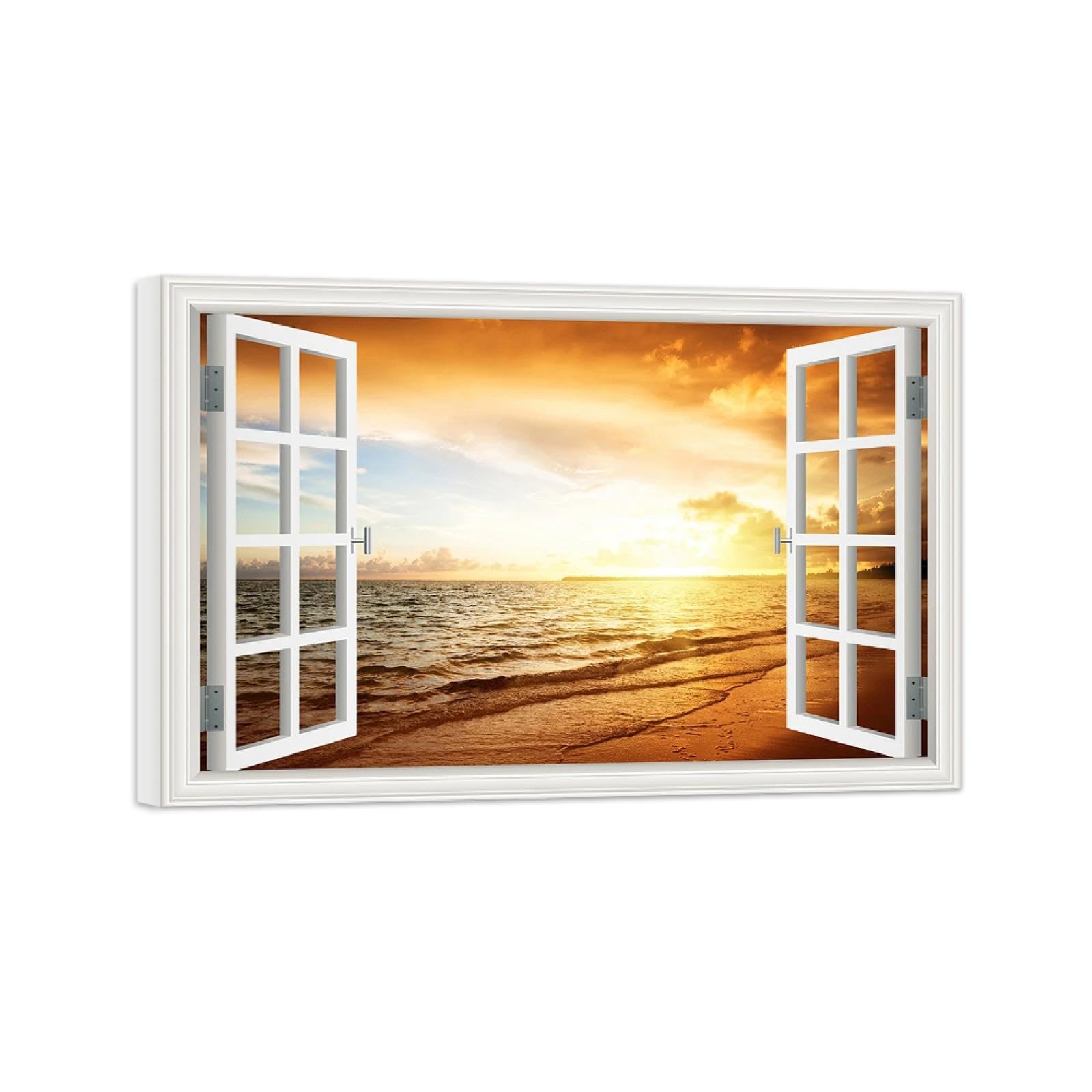 SDYSKKUG Fensterblick Bild auf Leinwand. Meer Strand Sonnenuntergang. Landschaftsbilder Natur Wandbilder für Wohnzimmer Schlafzimmer 45x30cm Innenrahmen