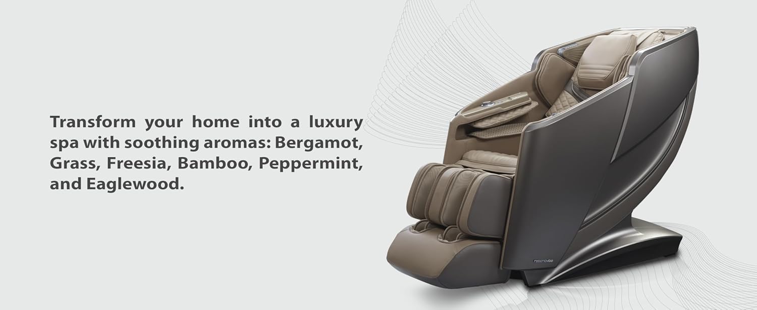 RoboticVibe Home-Spa 4D Massage Chair- RV7575: Immersive Fragrances, 18 Auto Programs, i-Open Flex Rail, Wireless Charging, Voice Control, & Health Scan For True Smart Homes. Dual tone colour. - Brown RoboticVibe Home-Spa 4D Massage Chair- RV7575: Immersive Fragrances, 18 Auto Programs, i-Open Flex Rail, Wireless Charging, Voice Control, & Health Scan For True Smart Homes. Dual tone colour. - Brown