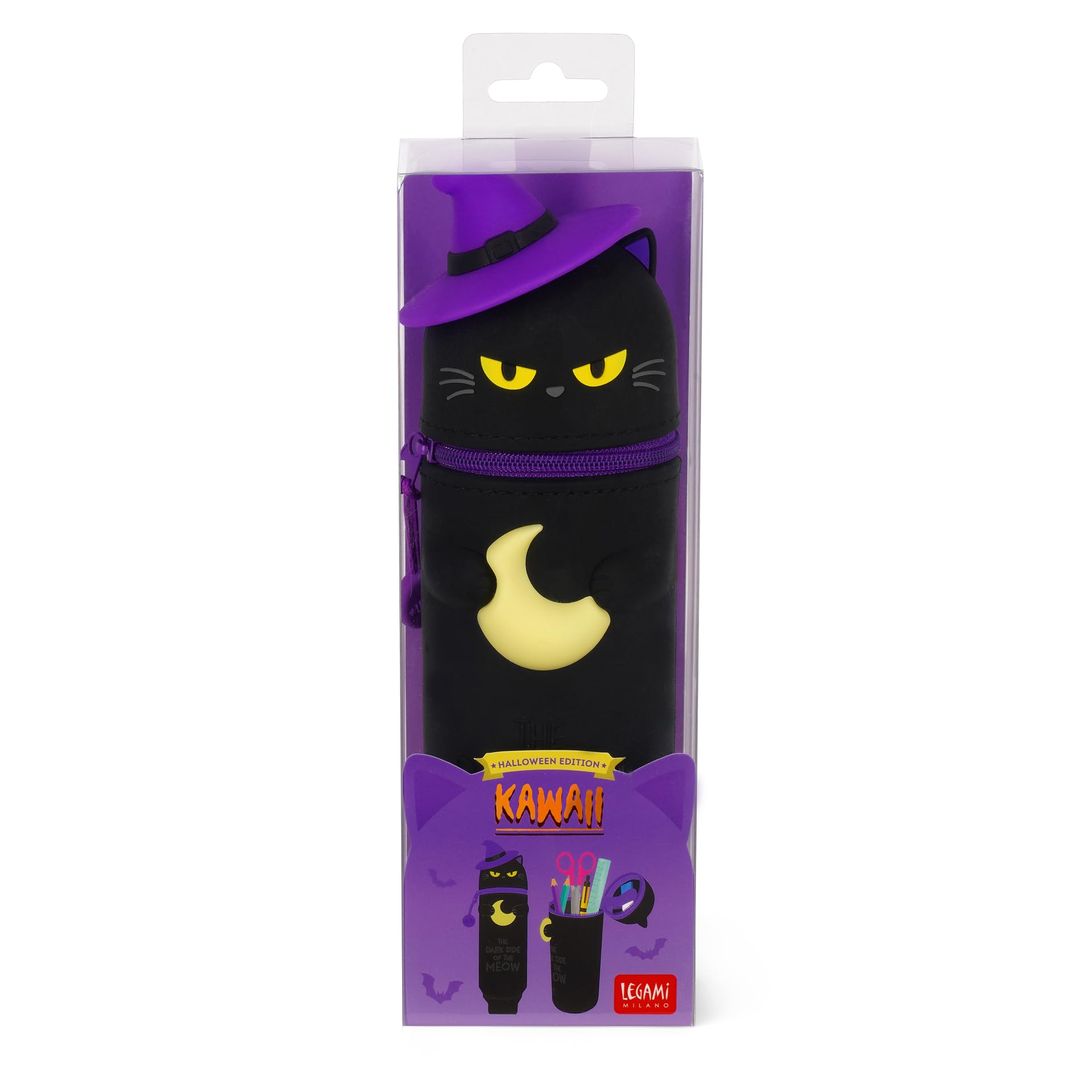 LEGAMI - Kawaii 2-in-1-Schultasche Halloween 2025 aus weichem Silikon, Black Kitty, Tisch-Stifthalter, Reißverschluss, Stifte, Buntstifte, Filzstifte, H 20 cm
