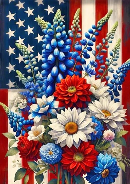 4th of July Floral Diamond Painting Kits for Adult Beginners Patriotic Independence Day Diamond Art Kits for American Flag Full Drill Paint with Diamond Dot Gem Art Painting for Home Decor 12x16 inch