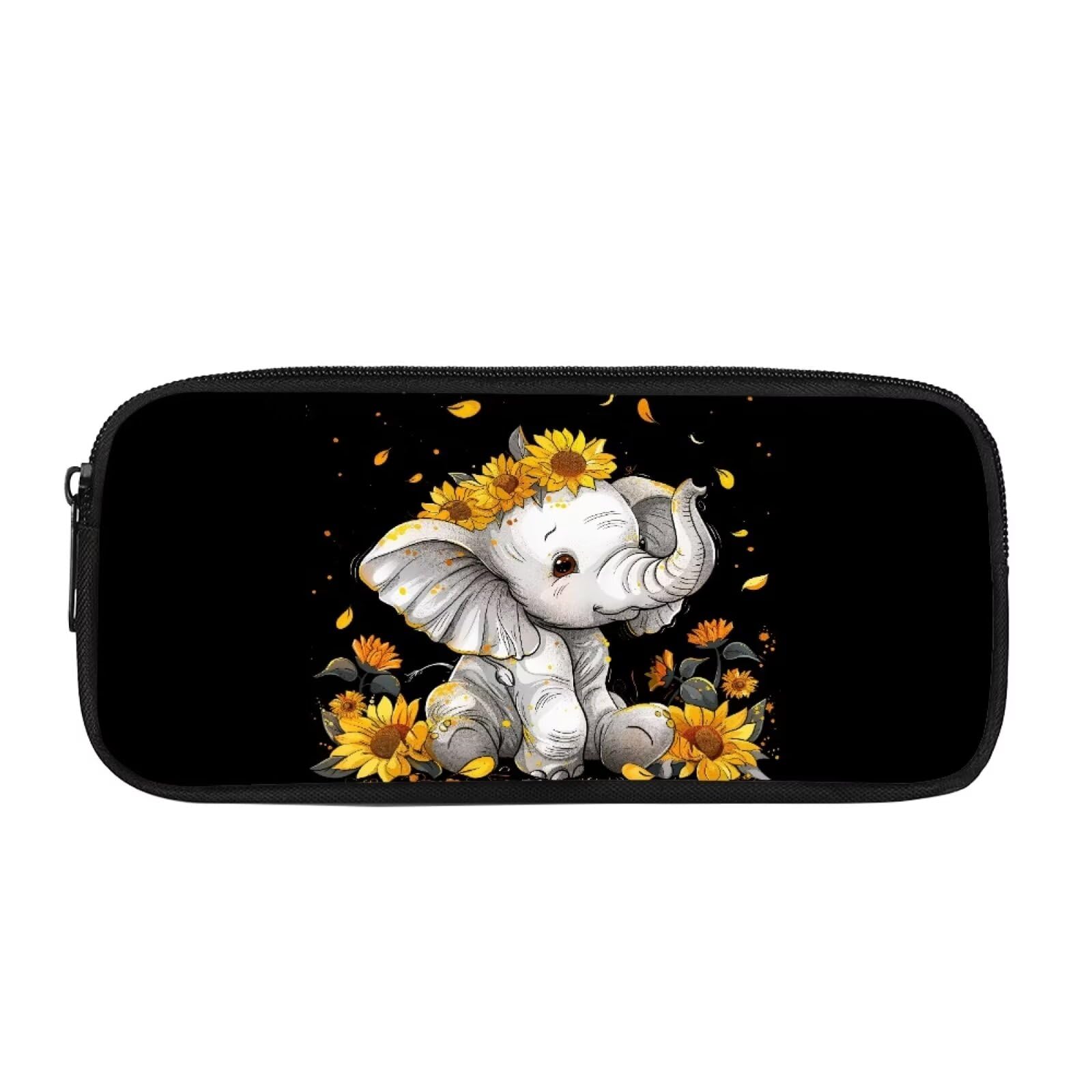 Showudesigns Sunflower Elephant Pencil Case for Women Girls Pencil Pen Pouch Bag High Storage Case Primary Secondary School College Office Organizer Black — image 1