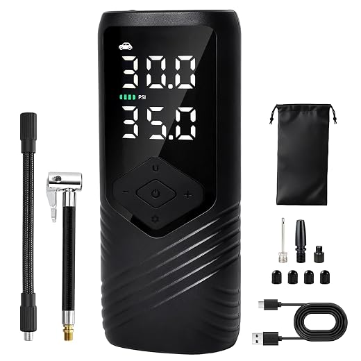 Tire Inflator Portable Air Compressor for Car Tires, Cordless Air Pump | 70-Sec Quick Top-Offs: 30-35 PSI, Digital Gauge, Auto Shut-Off, USB-C Rechargeable, LED Light; Bikes, Motorcycles & Balls