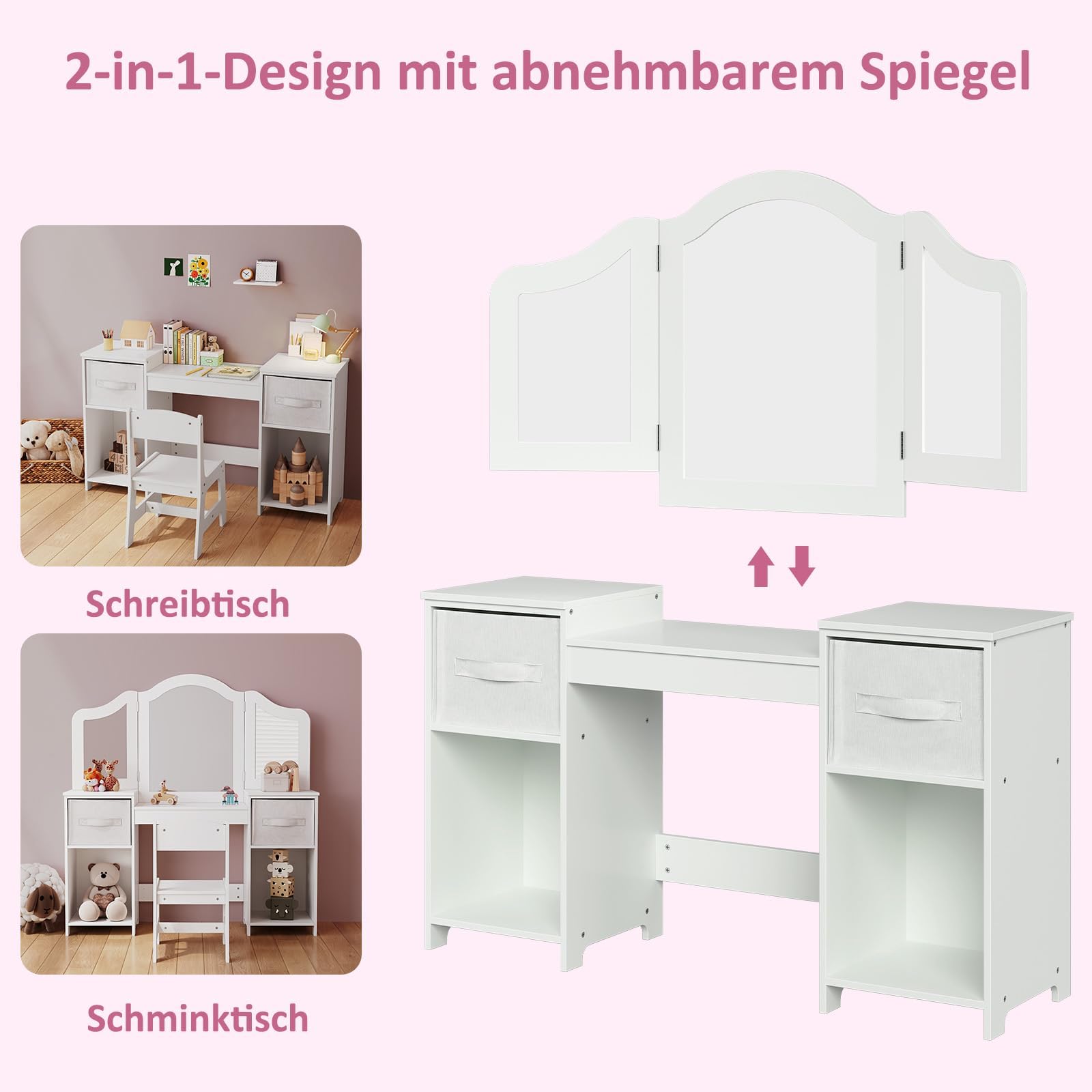 Clevich Coiffeuse Enfant 2 en 1, Amovible, Coiffeuse avec Miroir et Tabouret Enfant, Bureau pour Enfants Robuste, avec 4 Étagères et 2 Boîtes de Rangement, pour Enfants de 3 Ans+ (Blanc)