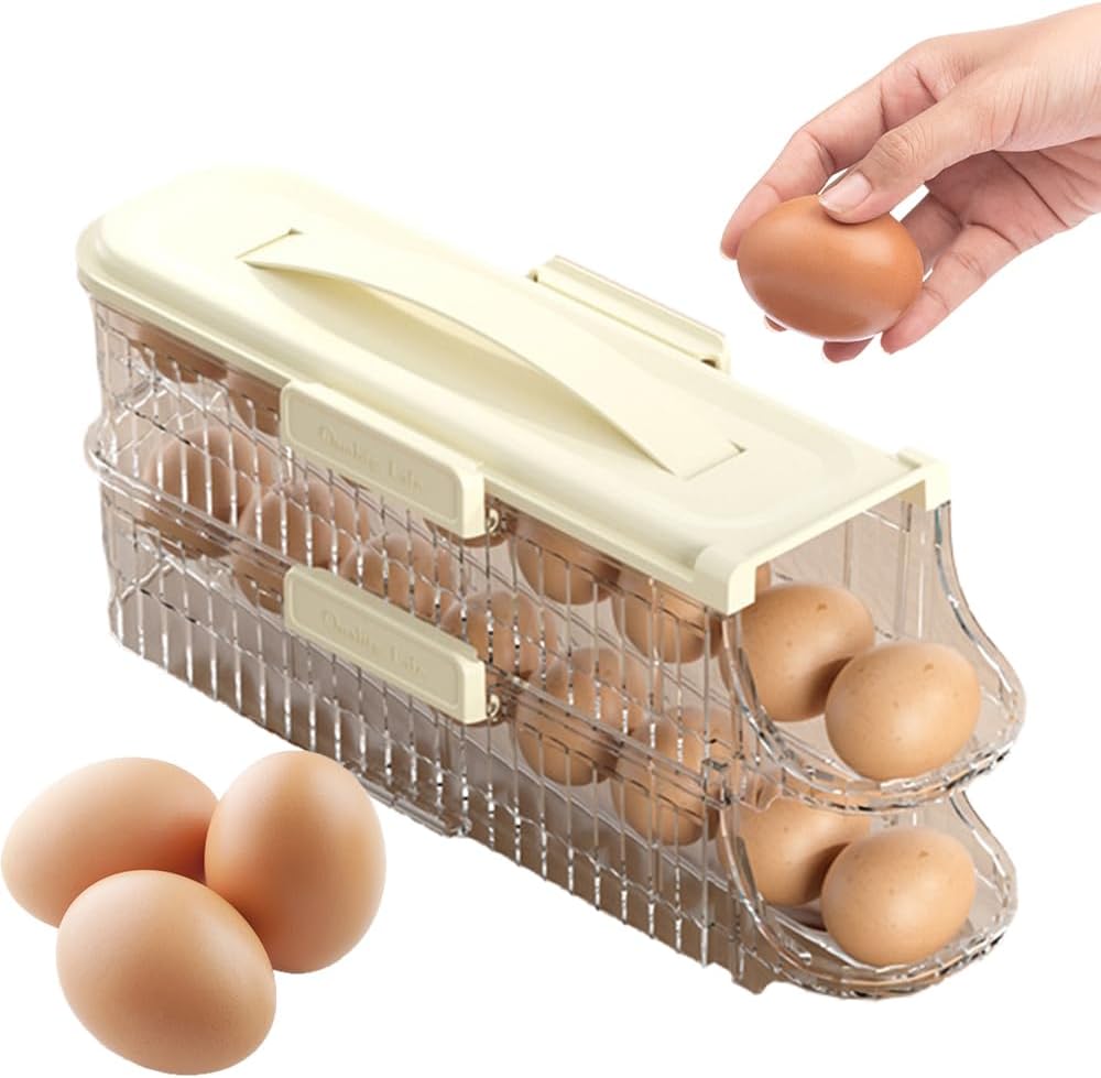Egg Holder for Fridge, Egg Storage Box Portable Durable Eggs Dispenser Auto Rolling Upgrade 4 Tiers Egg Holder, 2024 Space Saving Large Capacity Egg Organizer Storage Box /1898