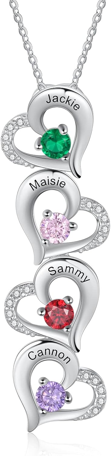 Personalized Names Heart Necklace with 2-5 Birthstones for Women Customized Mothers Names Necklace for Mother's Day Family Name Necklaces for Mom