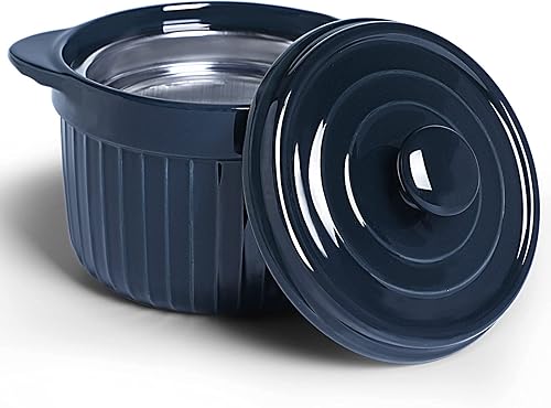 Contenedor de grasa de tocino de cerámica con colador, lata de almacenamiento de aceite para freír, azul marino