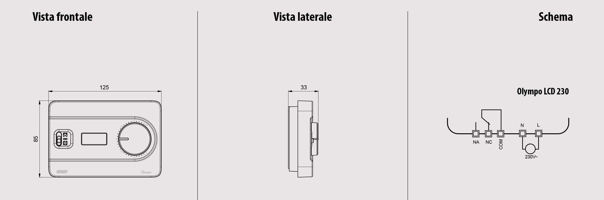 VEMER VE757900 OLYMPO LCD - Termostato Ambiente da Parete con Display LCD e Manopola, Alimentazione 230V, Bianco