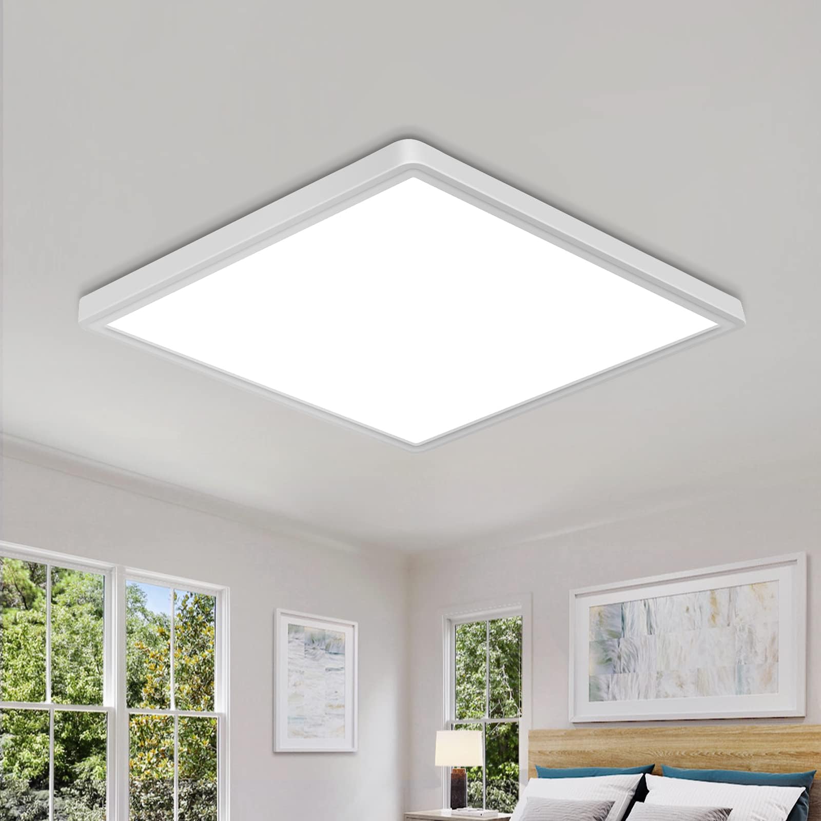 DELIPOP Flush Mount Ceiling Light, 12 Inch 24W Ultra Thin Square LED Ceiling Light, 6500K Cool White Low Profile Light Fixture for Living Room Bedroom Bathroom Kitchen Dining Room Corridor (White)