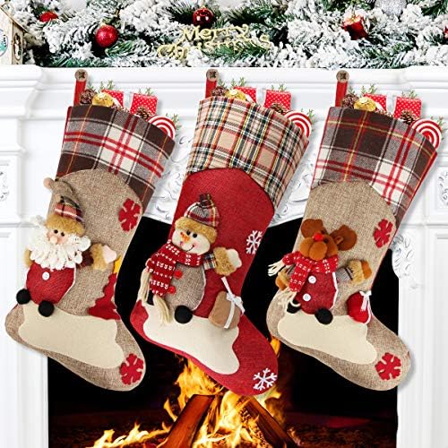 Aitey Christmas Stocking, 18" Set of 3 Santa, Snowman, Reindeer, Xmas Character 3D Plush with Faux Fur Cuff Christmas Decorations and Party Accessory (Short Hat2)