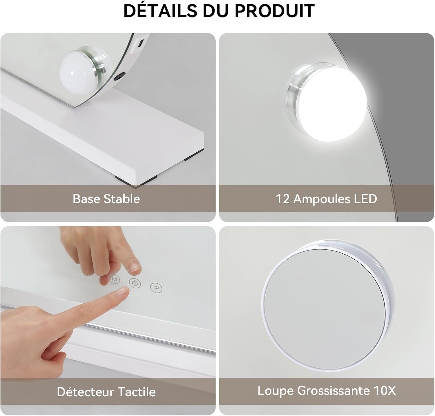 YOURLITE Miroir Maquillage Hollywood Rond 50CM, 12 Ampoules LED,3 températures de lumière réglables et dimmables,Loupe grossissante 10x, Port de Chargement USB, Installation sur Table ou Murale