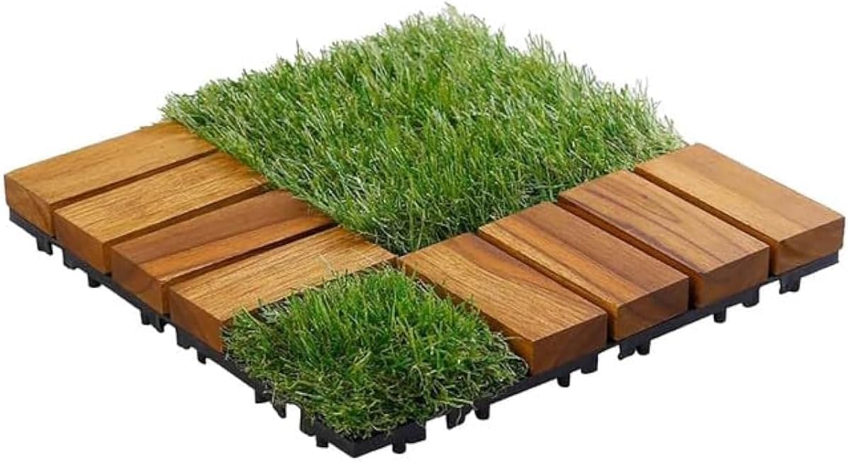 Sharpex Artificial Grass Wooden Deck Tiles with Interlocking | 1 Piece Teak Wood Decking Water Resistant Tile for Balcony, Terrace, Garden | Quick Flooring Solution for Indoor/Outdoor (12 X 12 Inch)