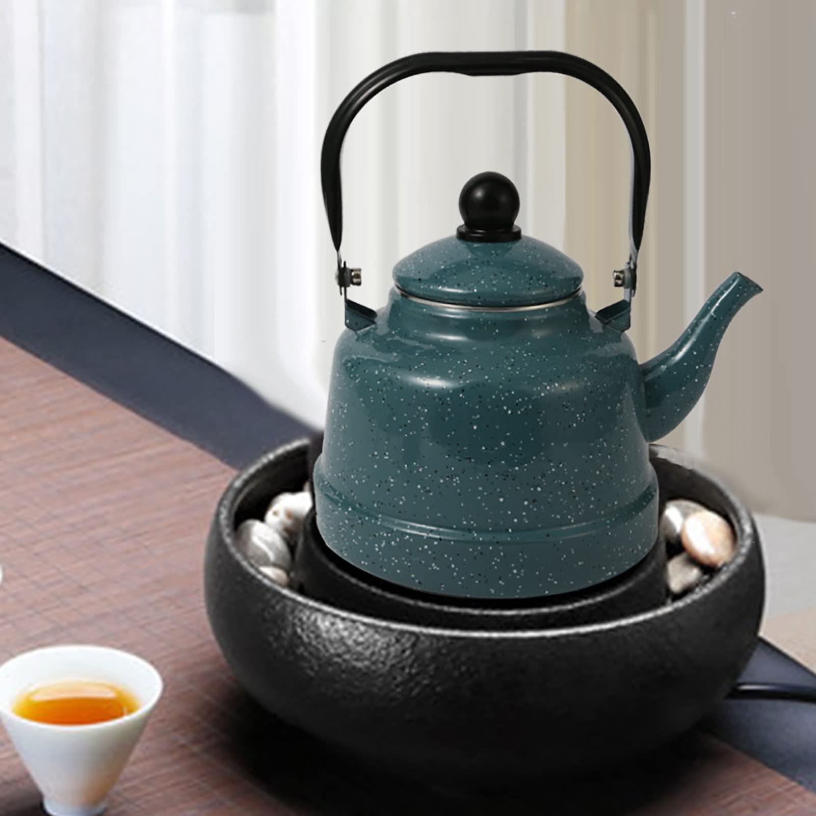Wasserkessel Emaillierter 1. 1L Vintage Emaille Wasserkocher Teekessel Teekanne Kaffeekanne Emaillekessel mit Hitzebeständig Griff für Küche Zuhause Café Camping Gasherd,Grün
